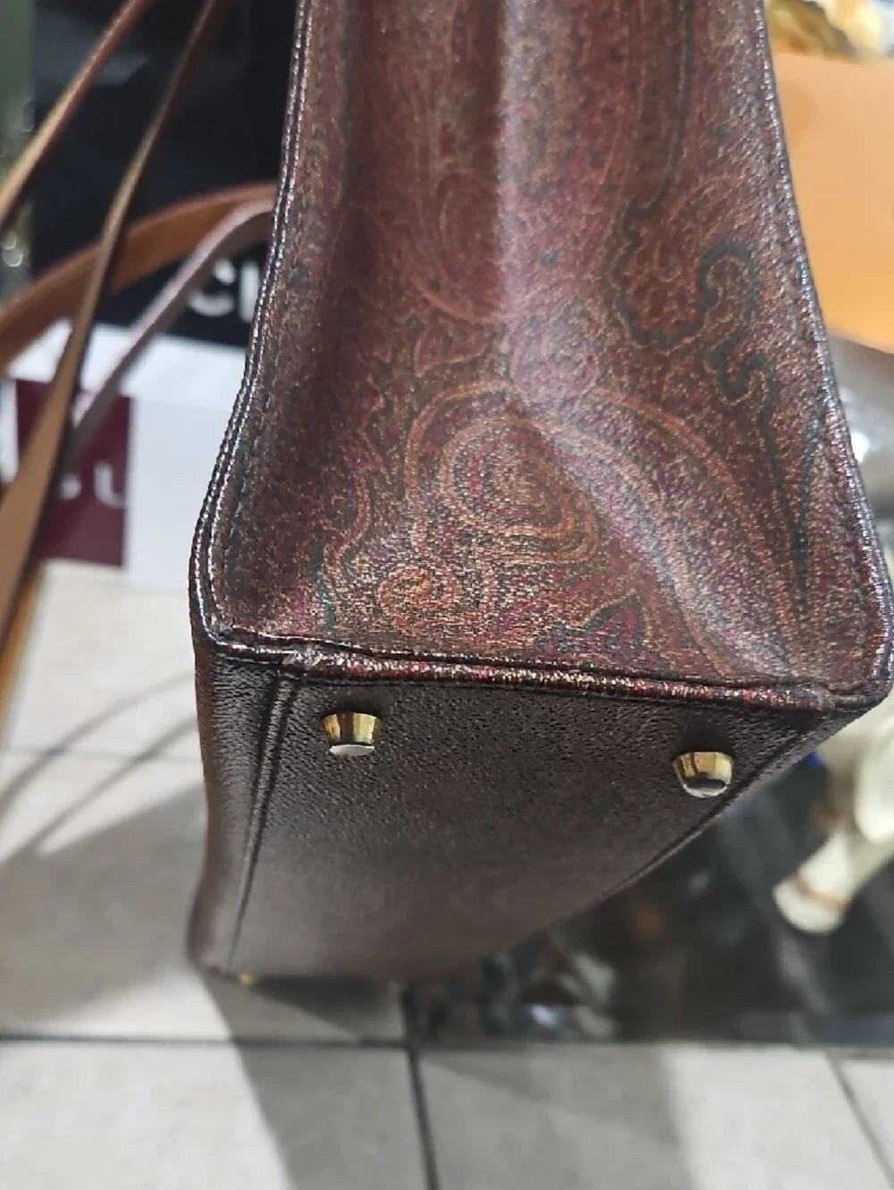 Vintage Etro Paisley Tote w/ Tan Leather Trim & Straps GUC! - Picture 9 of 17